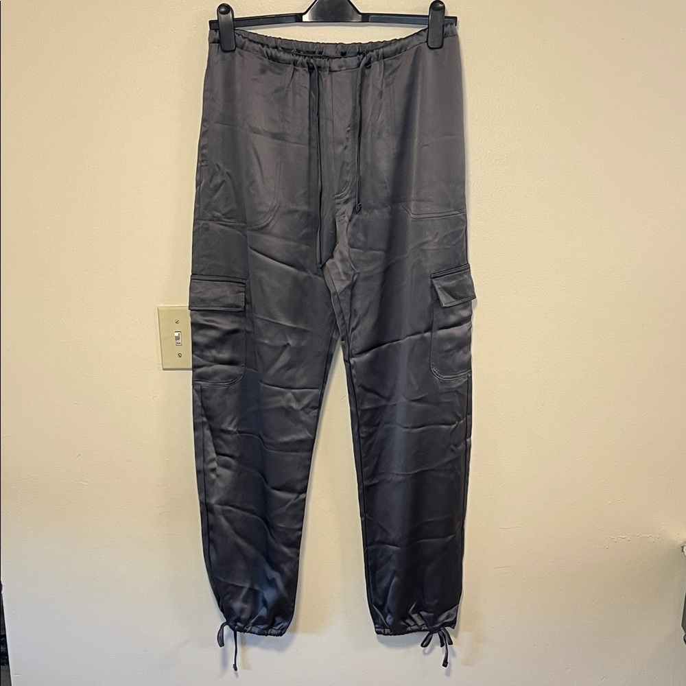 LESET Barb Gray Satin Drawstring Cargo Pants Tapered Leg